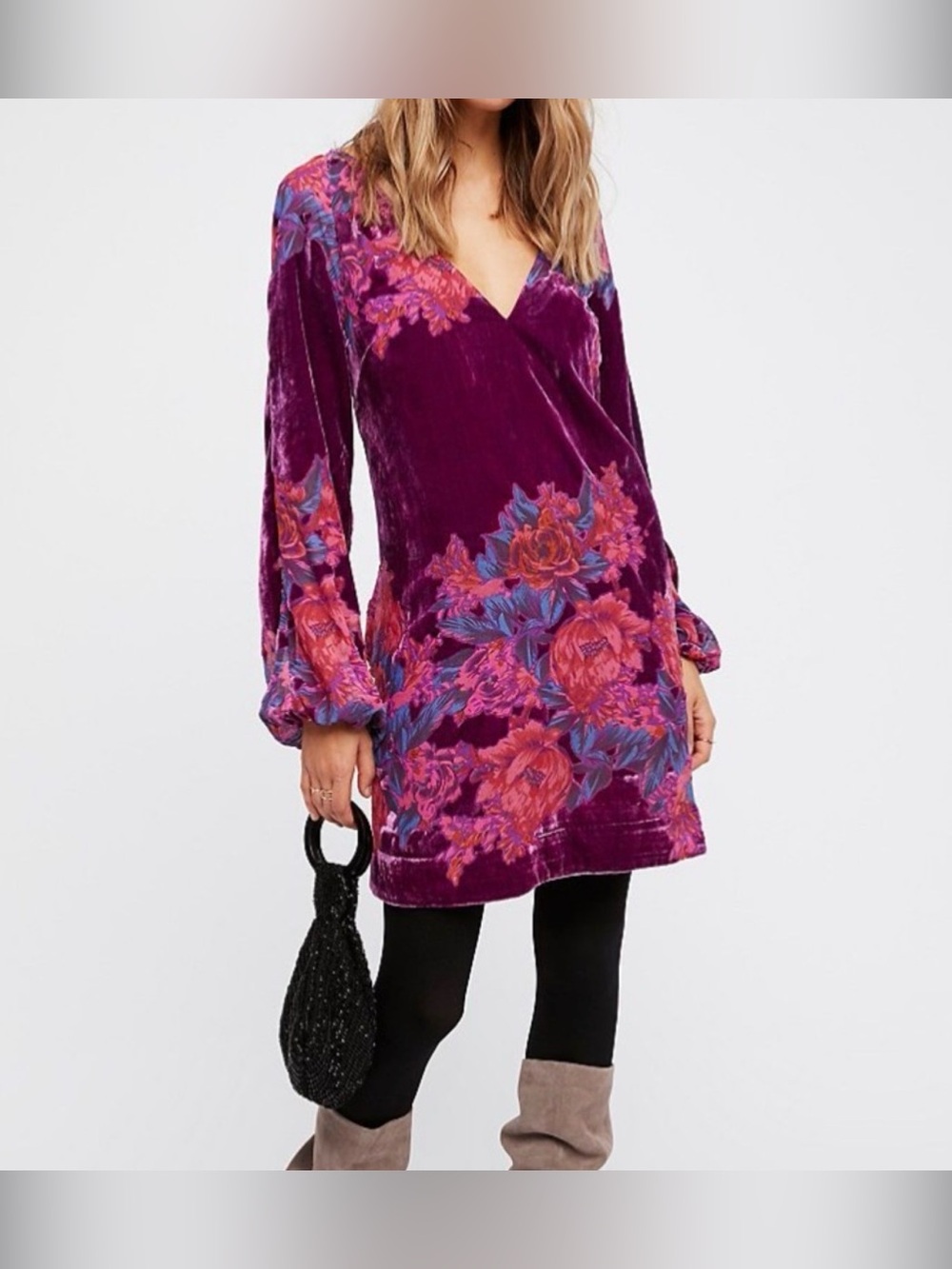 💜🩷Free People Velvet Floral Mini Dress, Pockets, Fits a Small, Purple Blue Pink